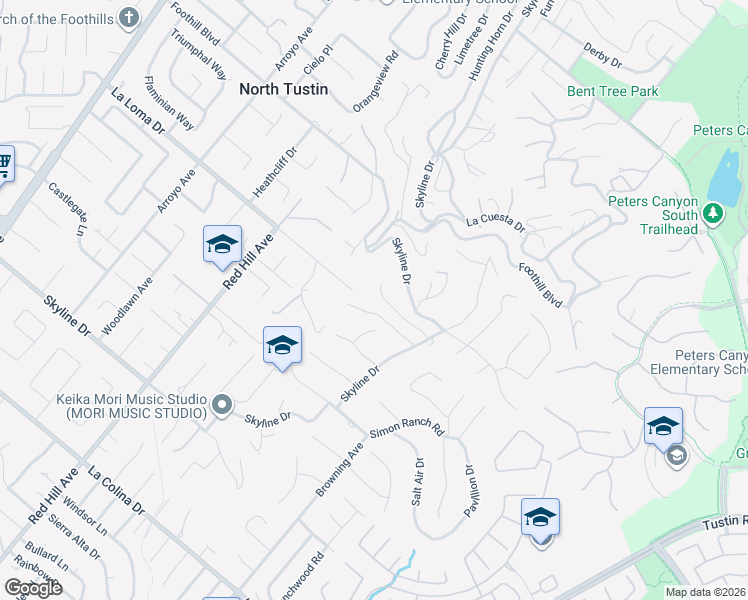 map of restaurants, bars, coffee shops, grocery stores, and more near 1882 Park Skyline Road in Santa Ana