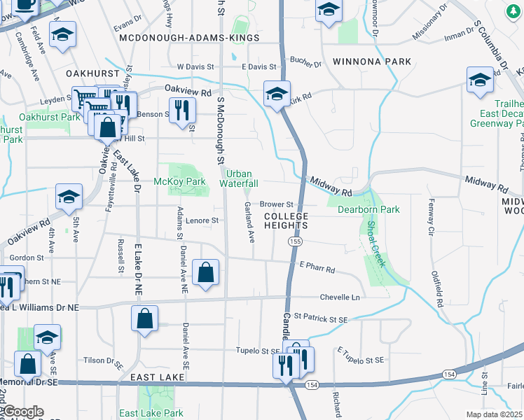 map of restaurants, bars, coffee shops, grocery stores, and more near 121 Brower Street in Decatur