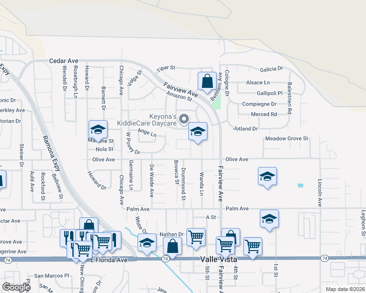 map of restaurants, bars, coffee shops, grocery stores, and more near 43840 Applewood Street in Hemet