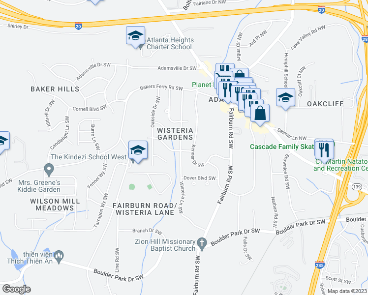 map of restaurants, bars, coffee shops, grocery stores, and more near 3919 Wisteria Lane Southwest in Atlanta
