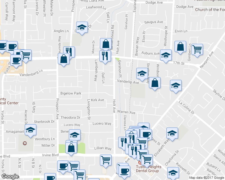 map of restaurants, bars, coffee shops, grocery stores, and more near 14251 Holt Avenue in Santa Ana
