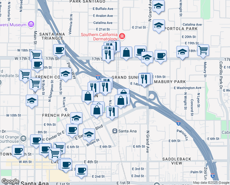 map of restaurants, bars, coffee shops, grocery stores, and more near 1310 Lincoln Avenue in Santa Ana