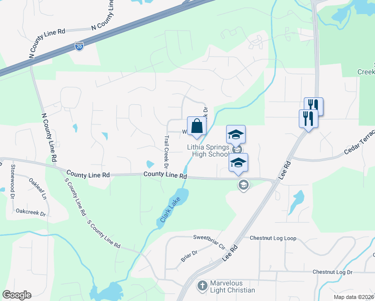 map of restaurants, bars, coffee shops, grocery stores, and more near 2640 Trail Creek Circle in Lithia Springs