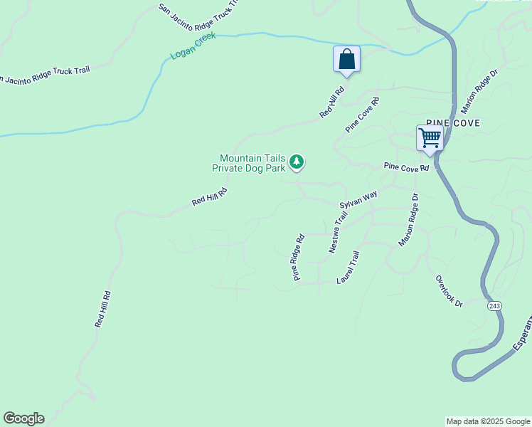 map of restaurants, bars, coffee shops, grocery stores, and more near 52300 Sylvan Way in Idyllwild-Pine Cove
