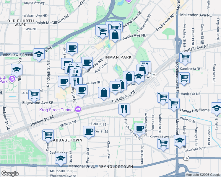 map of restaurants, bars, coffee shops, grocery stores, and more near 872 Edgewood Avenue Northeast in Atlanta