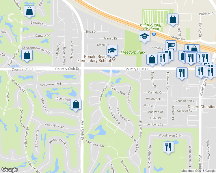 map of restaurants, bars, coffee shops, grocery stores, and more near 77205 Olympic Way in Palm Desert