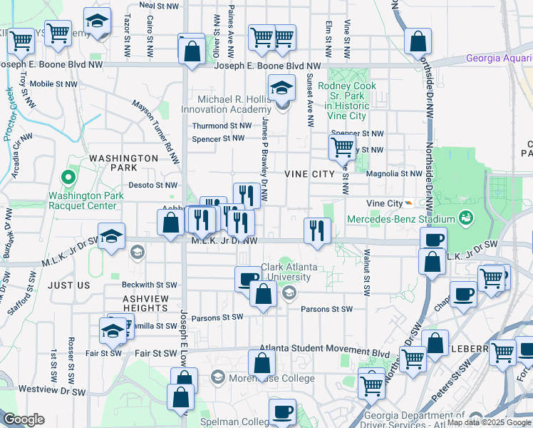 map of restaurants, bars, coffee shops, grocery stores, and more near 49 James P Brawley Drive Northwest in Atlanta