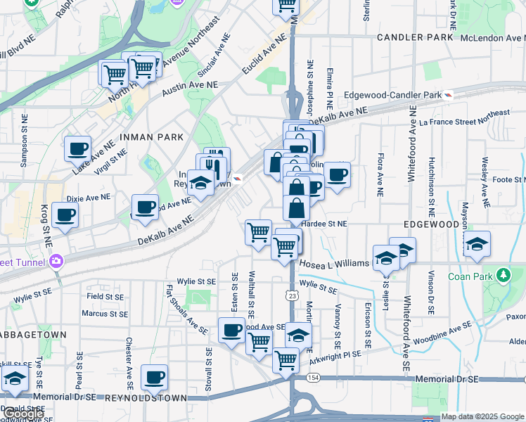 map of restaurants, bars, coffee shops, grocery stores, and more near 1119 Kensington Street Northeast in Atlanta