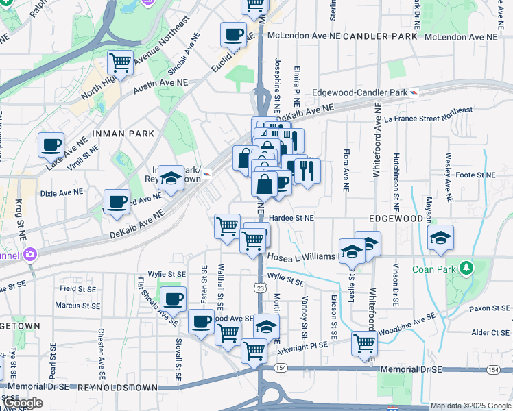 map of restaurants, bars, coffee shops, grocery stores, and more near 1161 Wade Street Northeast in Atlanta