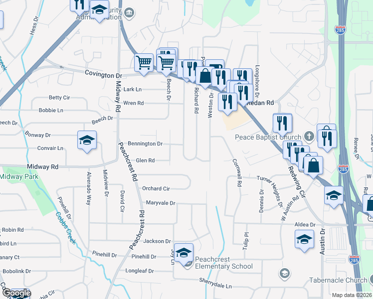 map of restaurants, bars, coffee shops, grocery stores, and more near 1290 Richard Road in Decatur