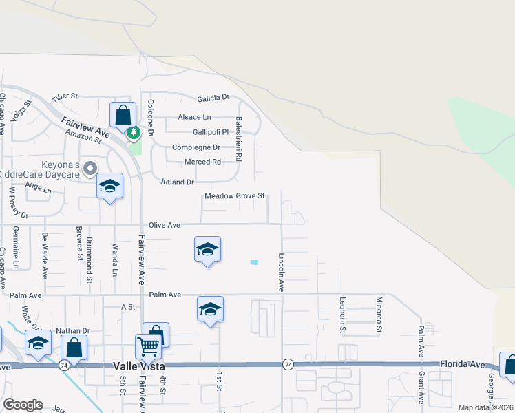 map of restaurants, bars, coffee shops, grocery stores, and more near 25134 Hazelwood Circle in Hemet