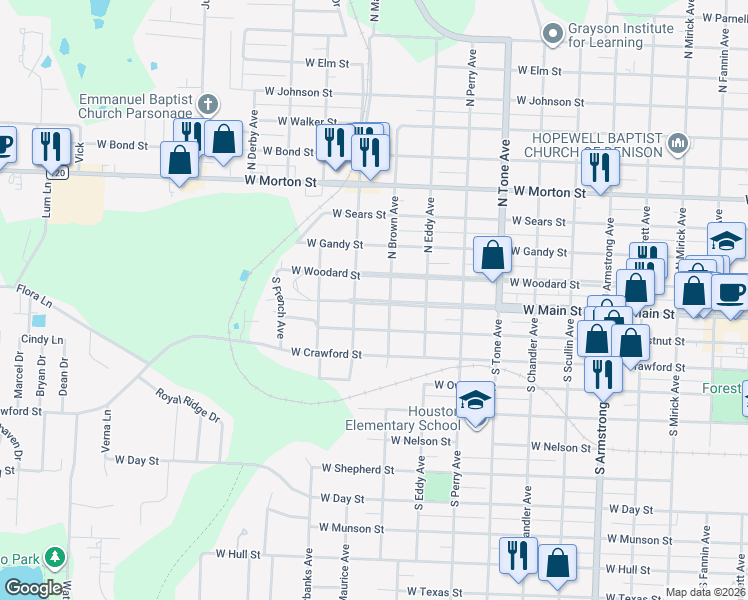 map of restaurants, bars, coffee shops, grocery stores, and more near 1421 West Main Street in Denison