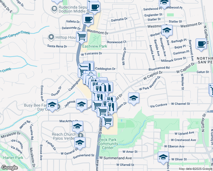 map of restaurants, bars, coffee shops, grocery stores, and more near 1441 Brett Place in Los Angeles