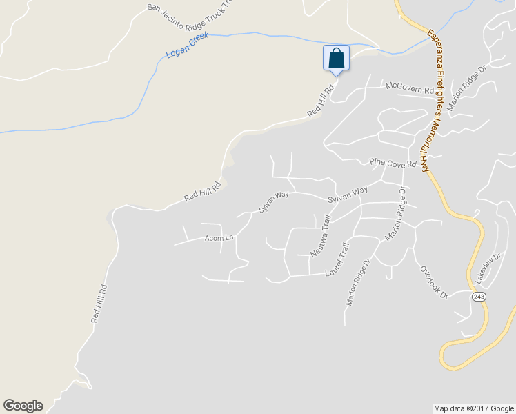 map of restaurants, bars, coffee shops, grocery stores, and more near 52300 Sylvan Way in Idyllwild-Pine Cove