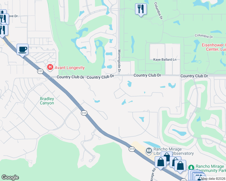 map of restaurants, bars, coffee shops, grocery stores, and more near 40231 Club View Drive in Rancho Mirage
