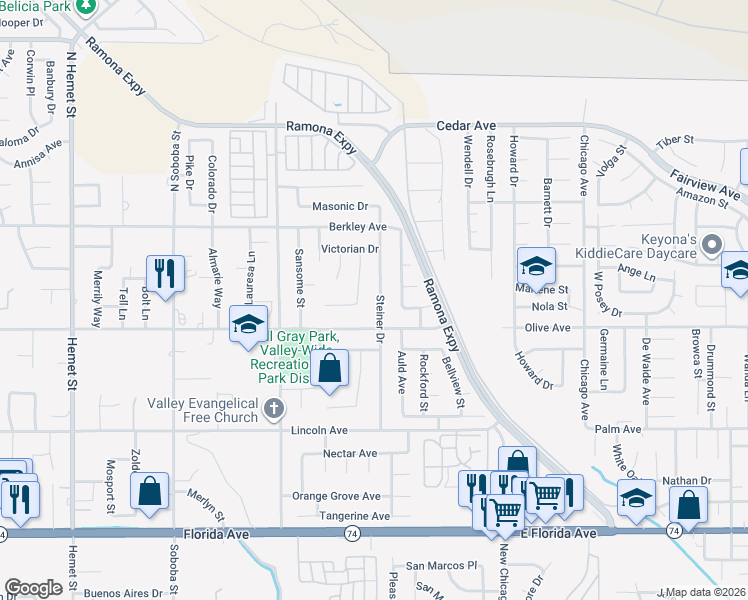 map of restaurants, bars, coffee shops, grocery stores, and more near 25185 Steiner Drive in Hemet