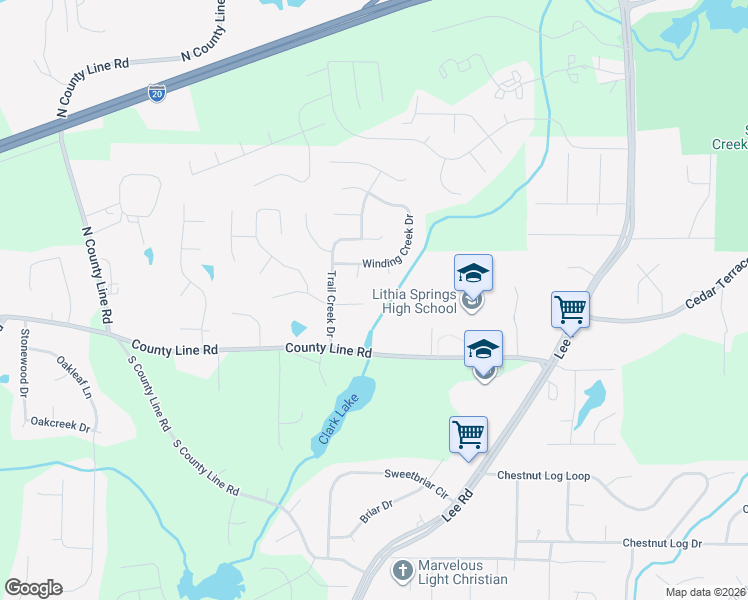 map of restaurants, bars, coffee shops, grocery stores, and more near 2640 Trail Creek Circle in Lithia Springs