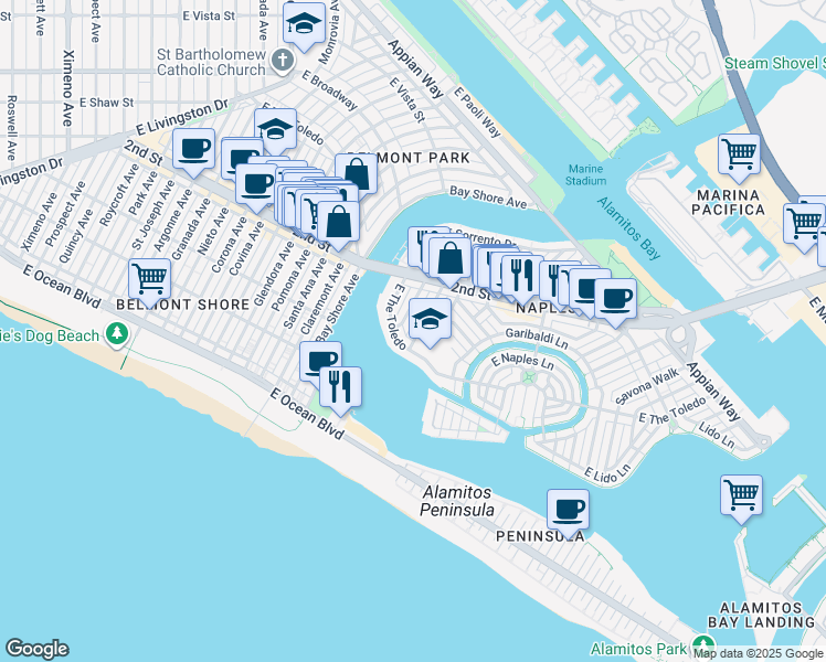 map of restaurants, bars, coffee shops, grocery stores, and more near 115 Venetia Drive in Long Beach