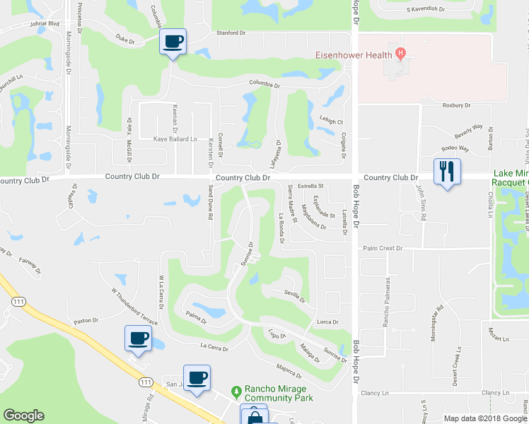 map of restaurants, bars, coffee shops, grocery stores, and more near 3 La Cerra Circle in Rancho Mirage