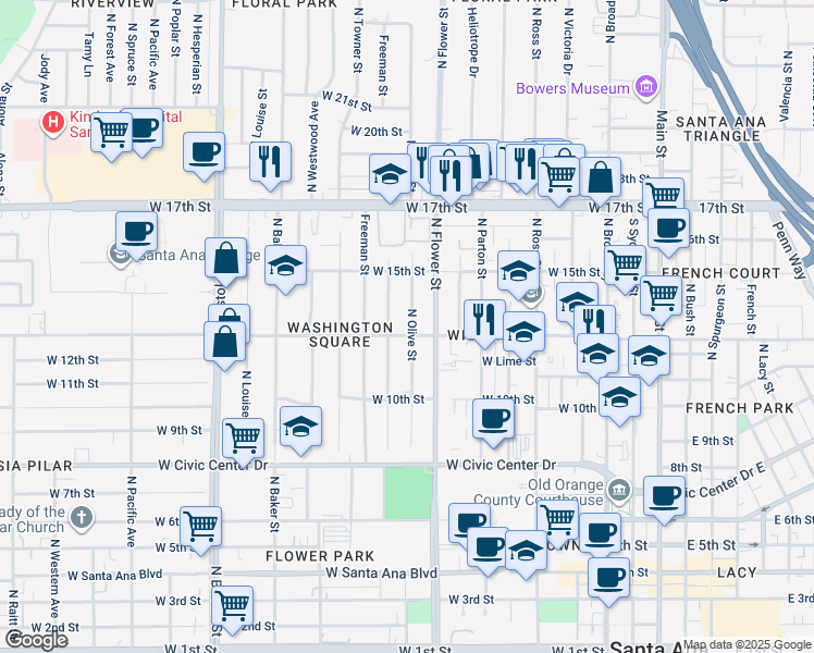 map of restaurants, bars, coffee shops, grocery stores, and more near 1306 North Olive Street in Santa Ana