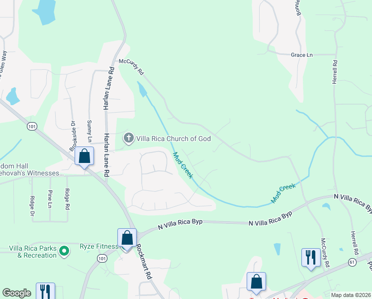 map of restaurants, bars, coffee shops, grocery stores, and more near 705 Sycamore Drive in Villa Rica