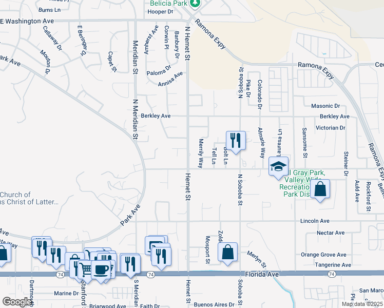 map of restaurants, bars, coffee shops, grocery stores, and more near 554 North Hemet Street in Hemet