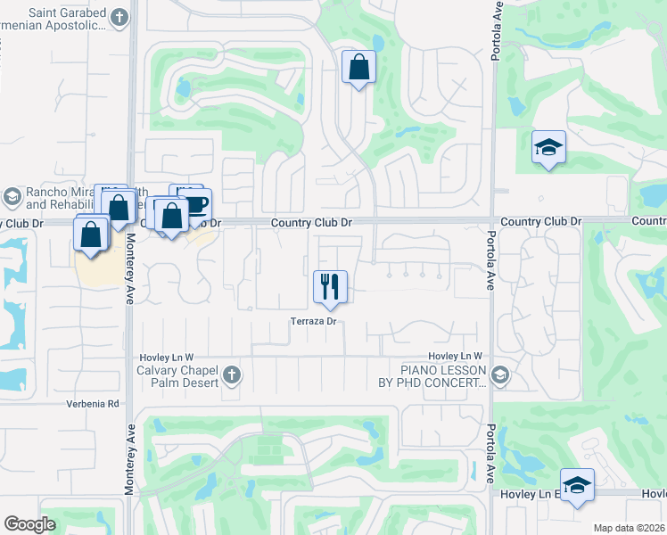 map of restaurants, bars, coffee shops, grocery stores, and more near 73373 Country Club Drive in Palm Desert