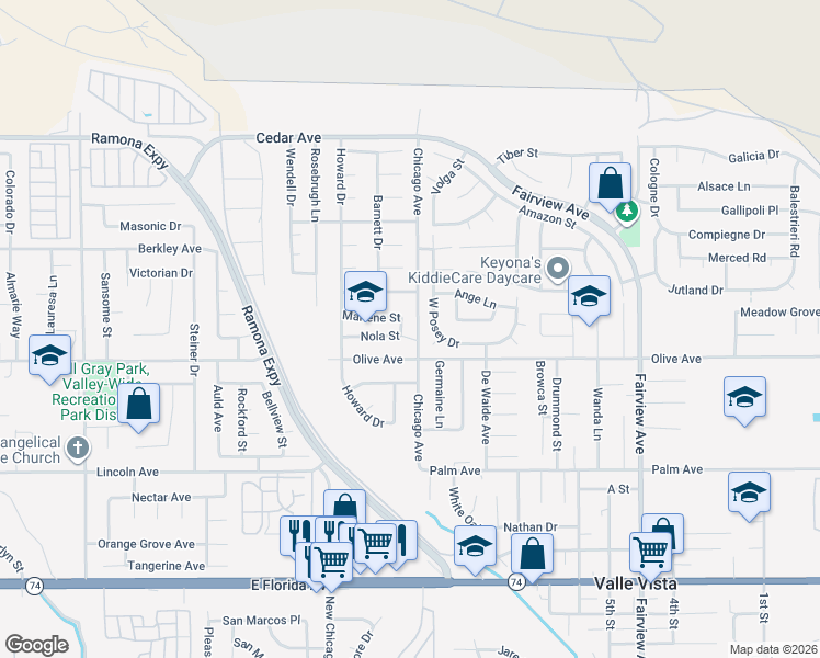 map of restaurants, bars, coffee shops, grocery stores, and more near 43452 Nola Street in Hemet