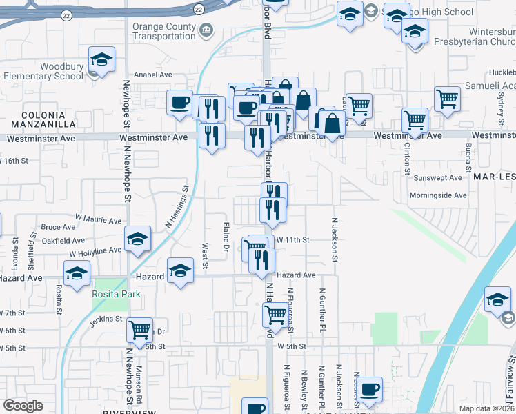 map of restaurants, bars, coffee shops, grocery stores, and more near 703 West Tribella Court in Santa Ana