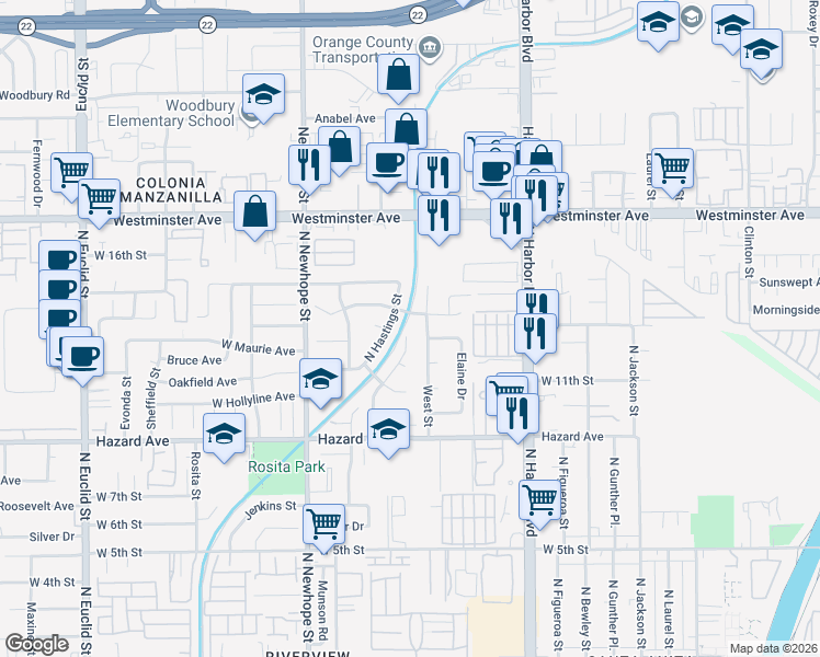 map of restaurants, bars, coffee shops, grocery stores, and more near 1225 North Hastings Street in Santa Ana