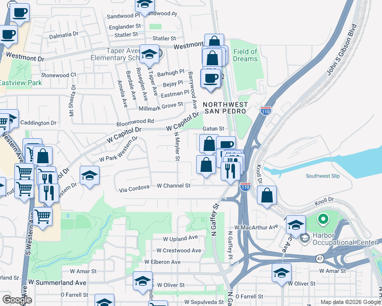 map of restaurants, bars, coffee shops, grocery stores, and more near 1401 North Cabrillo Avenue in Los Angeles