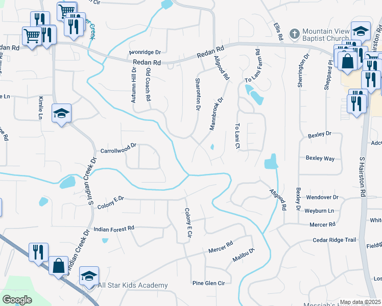 map of restaurants, bars, coffee shops, grocery stores, and more near 1285 Mannbrook Drive in Stone Mountain