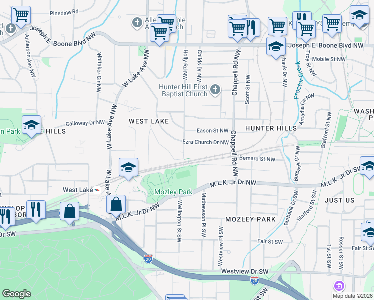map of restaurants, bars, coffee shops, grocery stores, and more near 34 Holly Road Northwest in Atlanta