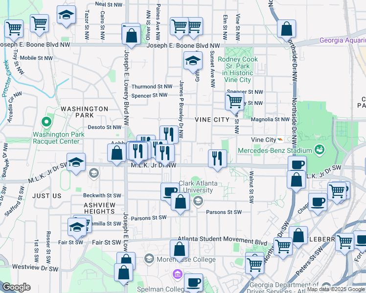 map of restaurants, bars, coffee shops, grocery stores, and more near 49 James P Brawley Drive Southwest in Atlanta