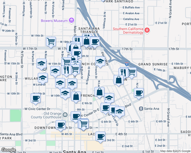 map of restaurants, bars, coffee shops, grocery stores, and more near 1312 French Street in Santa Ana