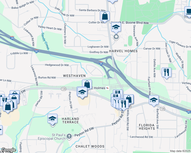 map of restaurants, bars, coffee shops, grocery stores, and more near 2560 Laurel Circle Northwest in Atlanta
