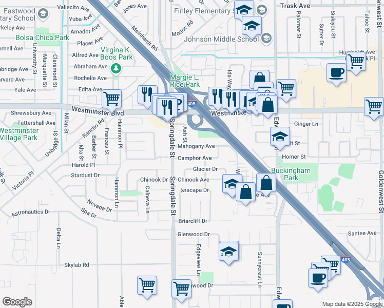 map of restaurants, bars, coffee shops, grocery stores, and more near 6091 Camphor Avenue in Westminster