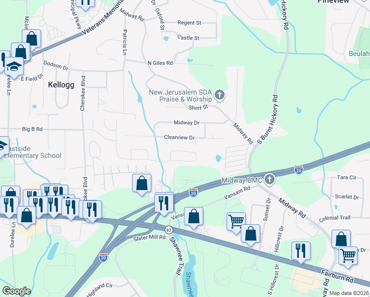 map of restaurants, bars, coffee shops, grocery stores, and more near 5516 Somer Mill Rd in Douglasville