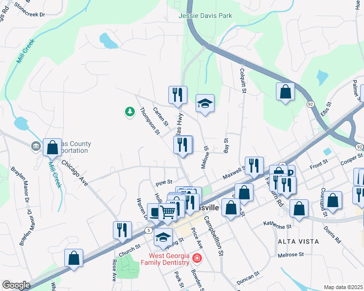 map of restaurants, bars, coffee shops, grocery stores, and more near 6694 Young Court in Douglasville