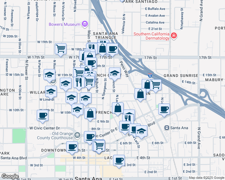 map of restaurants, bars, coffee shops, grocery stores, and more near 1314 French Street in Santa Ana