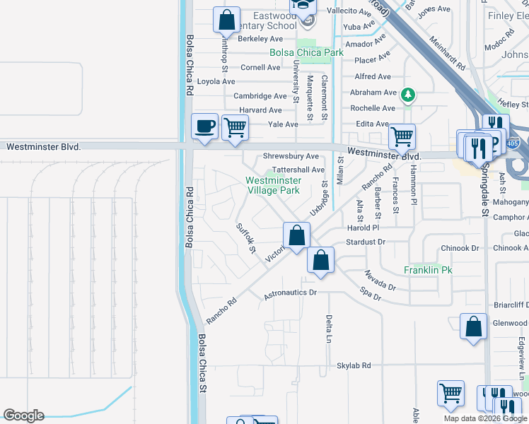map of restaurants, bars, coffee shops, grocery stores, and more near 5262 Saint George Road in Westminster