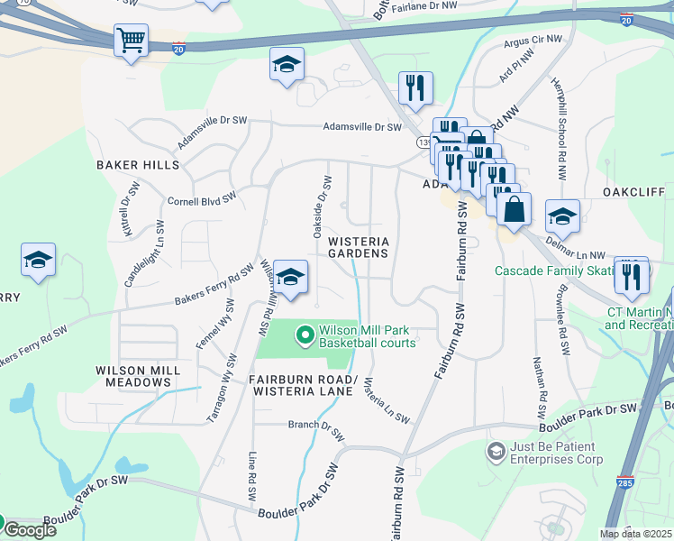 map of restaurants, bars, coffee shops, grocery stores, and more near 3770 Stamford Road Southwest in Atlanta