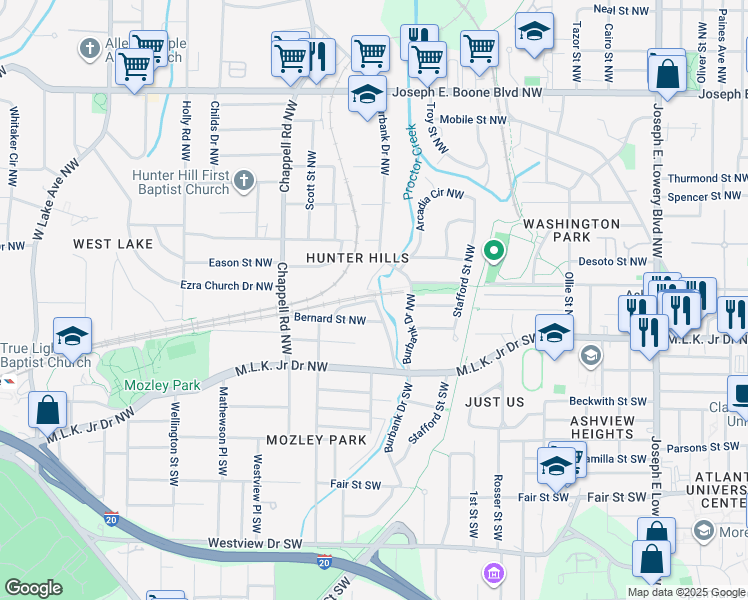 map of restaurants, bars, coffee shops, grocery stores, and more near Rockmart Drive Northwest in Atlanta