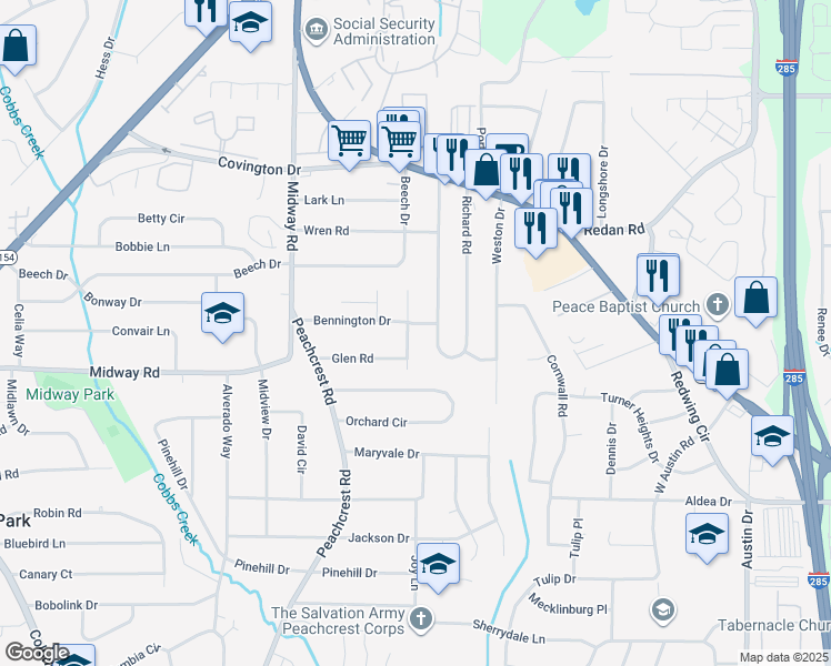 map of restaurants, bars, coffee shops, grocery stores, and more near 3479 Bennington Drive in Decatur