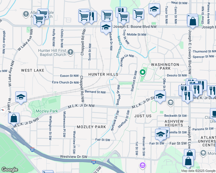 map of restaurants, bars, coffee shops, grocery stores, and more near Rockmart Drive Northwest in Atlanta