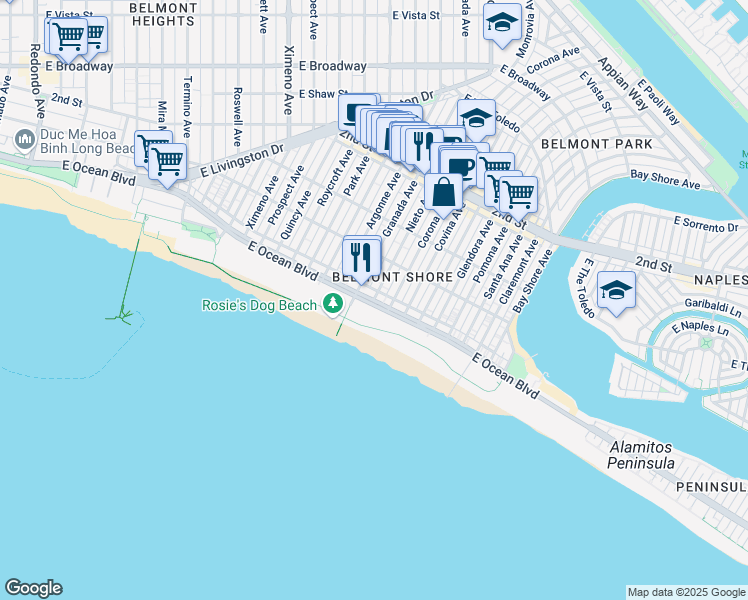 map of restaurants, bars, coffee shops, grocery stores, and more near 2 Nieto Avenue in Long Beach