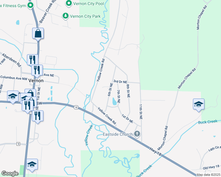 map of restaurants, bars, coffee shops, grocery stores, and more near 6th Street Northeast in Vernon
