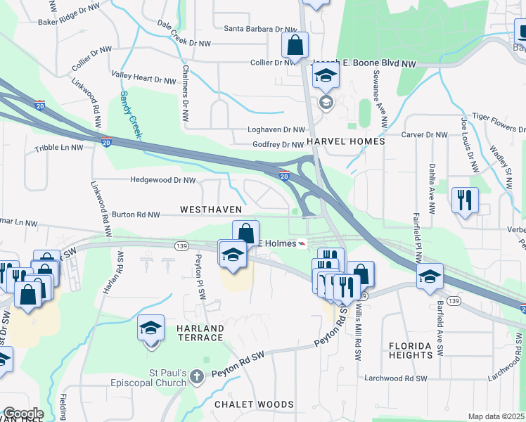 map of restaurants, bars, coffee shops, grocery stores, and more near 2560 Laurel Cir NW in Atlanta