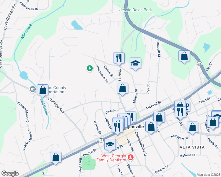 map of restaurants, bars, coffee shops, grocery stores, and more near 8211 Thompson Street in Douglasville