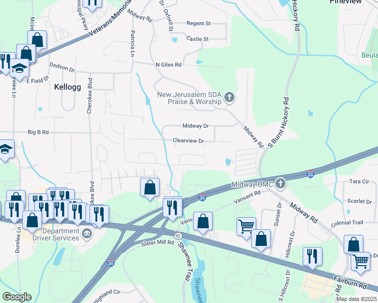 map of restaurants, bars, coffee shops, grocery stores, and more near 5526 Somer Mill Road in Douglasville